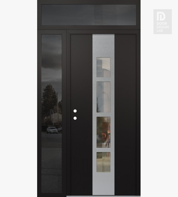 Modern Steel Front Door DIAMOND A10 52" X 96" BLACK/BLACK CLEAR GLASS PANEL STAINLESS STEEL RHI WITH SIDELITE AND TRANSOM MIRRORED GLASS