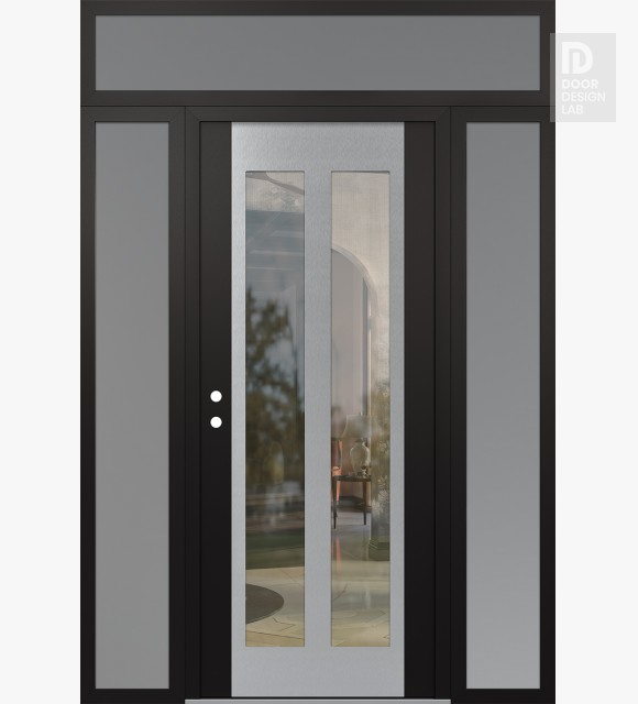 Modern Steel Front Door Diamond C14 68" x 96" black/black clear Glass Panel stainless steel RHI with 2 Sidelites and Transom frosted Glass