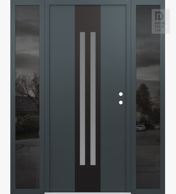 Modern Steel Front Door DIAMOND A8 64" X 80" ANTHRACITE/ANTHRACITE FROSTED GLASS PANEL BLACK LHI WITH 2 SIDELITES MIRRORED GLASS