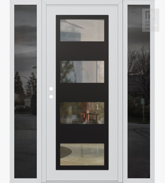 Modern Steel Front Door Diamond C2 68" x 80" white/white clear Glass Panel black RHI with 2 Sidelites mirrored Glass