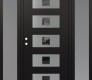 Modern Steel Front Door Diamond D8 68" x 80" black/black mirrored Glass Panel stainless steel RHI with 2 Sidelites frosted Glass