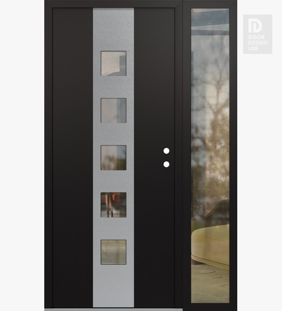 Modern Steel Front Door DIAMOND A13 52" X 80" BLACK/BLACK CLEAR GLASS PANEL STAINLESS STEEL LHI WITH SIDELITE CLEAR GLASS