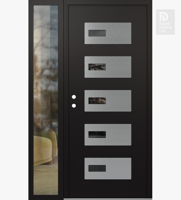Modern Steel Front Door Diamond D7 52" x 80" black/black mirrored Glass Panel stainless steel RHI with Sidelite clear Glass