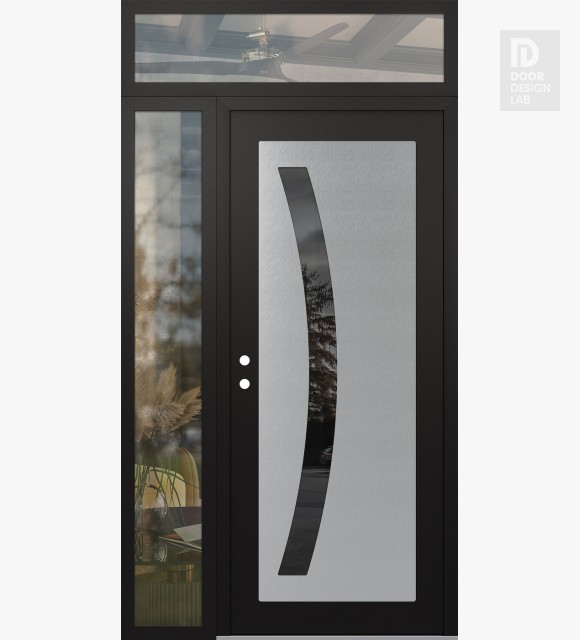 Modern Steel Front Door Diamond C4 50" x 96" black/black mirrored Glass Panel stainless steel RHI with Sidelite and Transom clear Glass