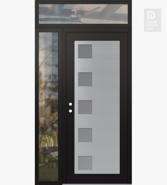 Modern Steel Front Door Diamond C5 50" x 96" black/white frosted Glass Panel stainless steel RHI with Sidelite and Transom clear Glass