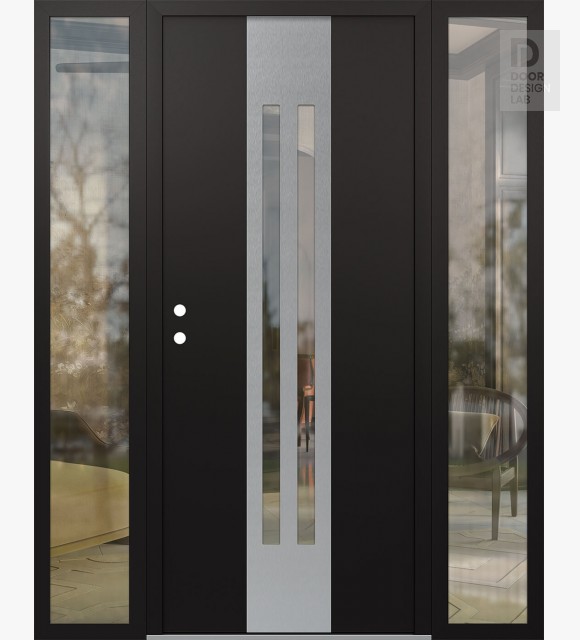 Modern Steel Front Door DIAMOND A8 64" X 80" BLACK/BLACK CLEAR GLASS PANEL STAINLESS STEEL RHI WITH 2 SIDELITES CLEAR GLASS