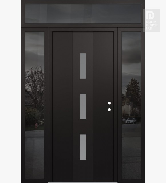 Modern Steel Front Door DIAMOND A7 60" X 96" BLACK/WHITE FROSTED GLASS PANEL BLACK LHI WITH 2 SIDELITES AND TRANSOM MIRRORED GLASS