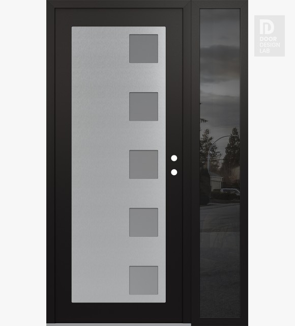 Modern Steel Front Door Diamond C5 52" x 80" black/white frosted Glass Panel stainless steel LHI with Sidelite mirrored Glass