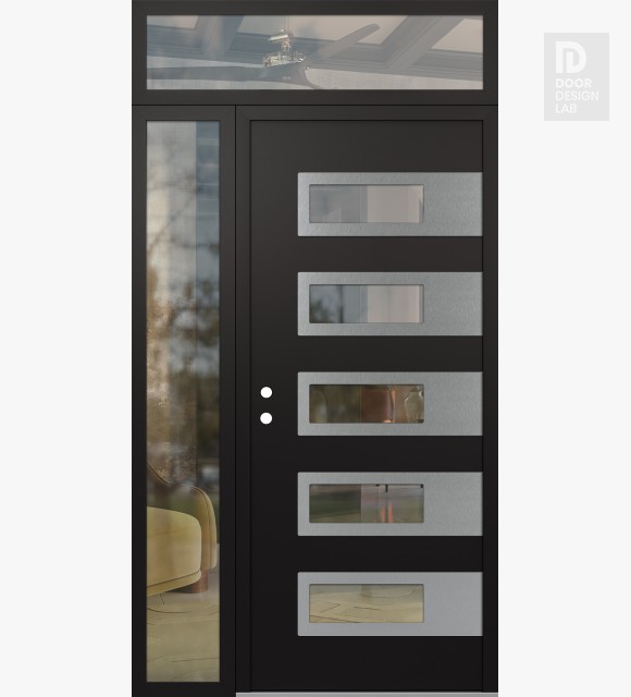 Modern Steel Front Door Diamond D3 50" x 96" black/black clear Glass Panel stainless steel RHI with Sidelite and Transom clear Glass