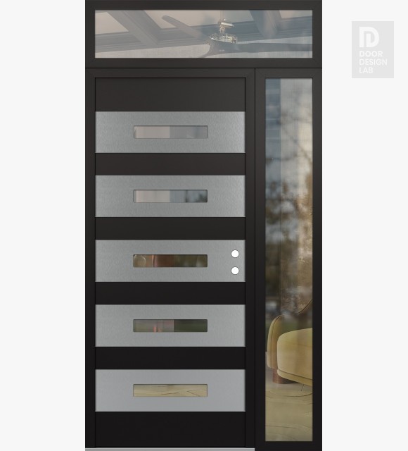 Modern Steel Front Door Diamond D9 50" x 96" black/black clear Glass Panel stainless steel LHI with Sidelite and Transom clear Glass