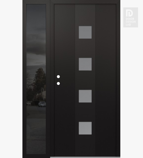 Modern Steel Front Door DIAMOND A12 52" X 80" BLACK/WHITE FROSTED GLASS PANEL BLACK RHI WITH SIDELITE MIRRORED GLASS