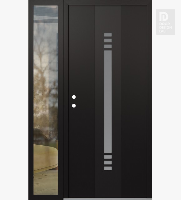 Modern Steel Front Door DIAMOND A5 48" X 80" BLACK/WHITE FROSTED GLASS PANEL BLACK RHI WITH SIDELITE CLEAR GLASS