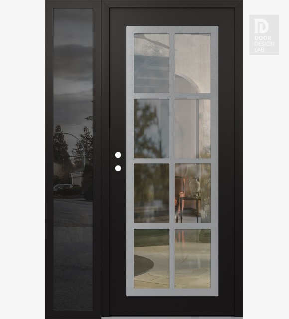 Modern Steel Front Door Diamond C16 50" x 80" black/black clear Glass Panel stainless steel RHI with Sidelite mirrored Glass
