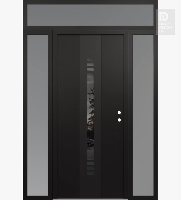 Modern Steel Front Door DIAMOND A5 60" X 96" BLACK/BLACK MIRRORED GLASS PANEL BLACK LHI WITH 2 SIDELITES AND TRANSOM FROSTED GLASS