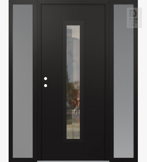 Modern Steel Front Door DIAMOND A11 60" X 80" BLACK/BLACK CLEAR GLASS PANEL BLACK RHI WITH 2 SIDELITES FROSTED GLASS