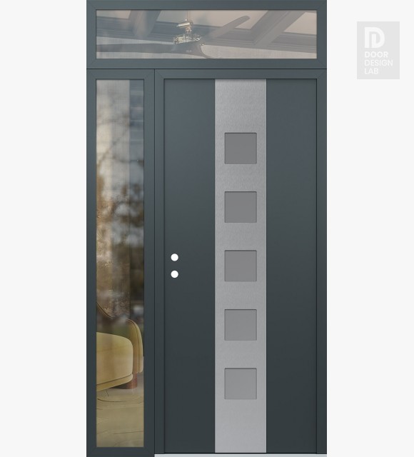 Modern Steel Front Door DIAMOND A13 48" X 96" ANTHRACITE/ANTHRACITE FROSTED GLASS PANEL STAINLESS STEEL RHI WITH SIDELITE AND TRANSOM CLEAR GLASS