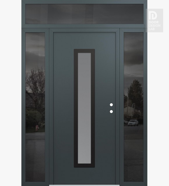 Modern Steel Front Door DIAMOND A11 68" X 96" ANTHRACITE/ANTHRACITE FROSTED GLASS PANEL BLACK LHI WITH 2 SIDELITES AND TRANSOM MIRRORED GLASS