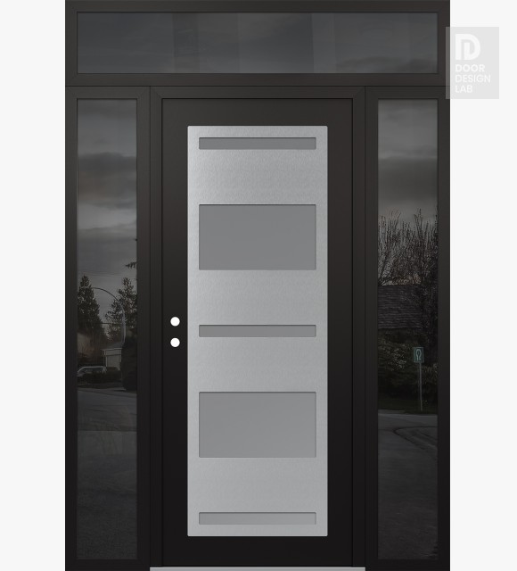 Modern Steel Front Door Diamond C10 64" x 96" black/white frosted Glass Panel stainless steel RHI with 2 Sidelites and Transom mirrored Glass