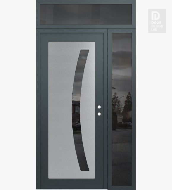 Modern Steel Front Door Diamond C4 50" x 96" anthracite/anthracite mirrored Glass Panel stainless steel LHI with Sidelite and Transom mirrored Glass