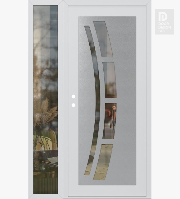 Modern Steel Front Door Diamond C12 52" x 80" white/white clear Glass Panel stainless steel RHI with Sidelite clear Glass