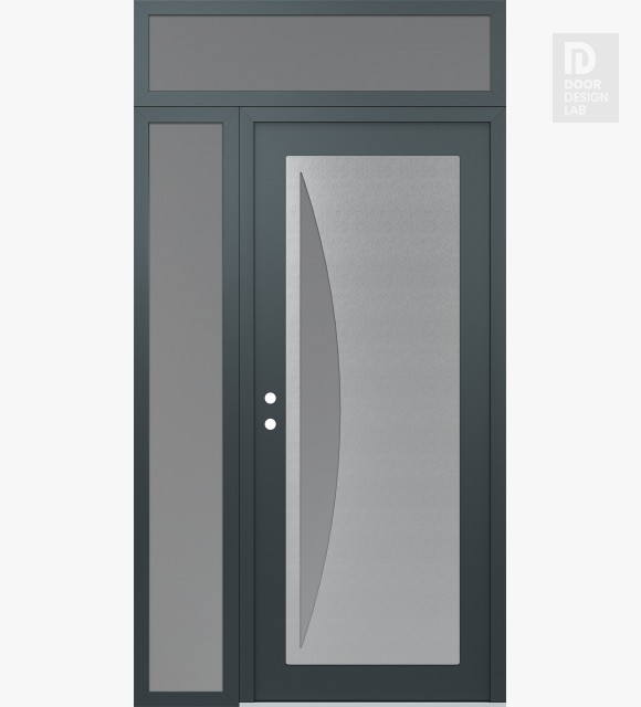Modern Steel Front Door Diamond C13 50" x 96" anthracite/anthracite frosted Glass Panel stainless steel RHI with Sidelite and Transom frosted Glass