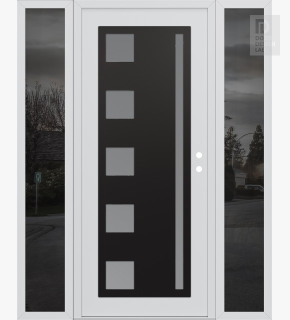 Modern Steel Front Door Diamond C3 68" x 80" white/white frosted Glass Panel black LHI with 2 Sidelites mirrored Glass