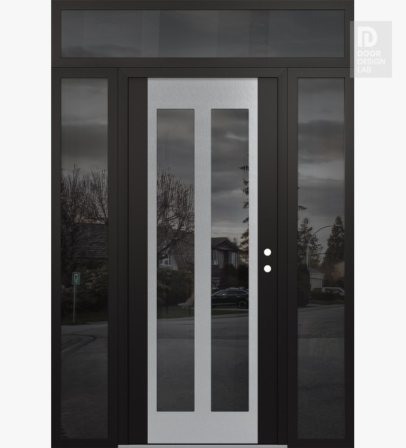 Modern Steel Front Door Diamond C14 60" x 96" black/black mirrored Glass Panel stainless steel LHI with 2 Sidelites and Transom mirrored Glass