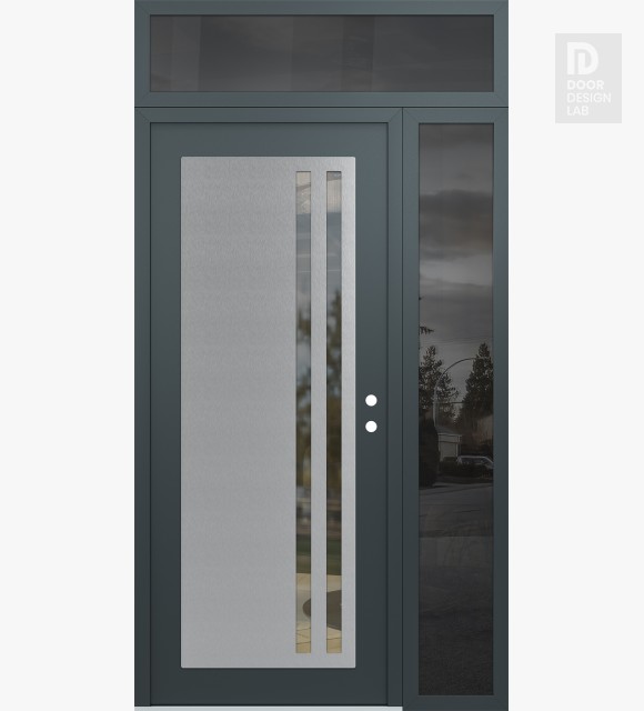 Modern Steel Front Door Diamond C6 48" x 96" anthracite/anthracite clear Glass Panel stainless steel LHI with Sidelite and Transom mirrored Glass