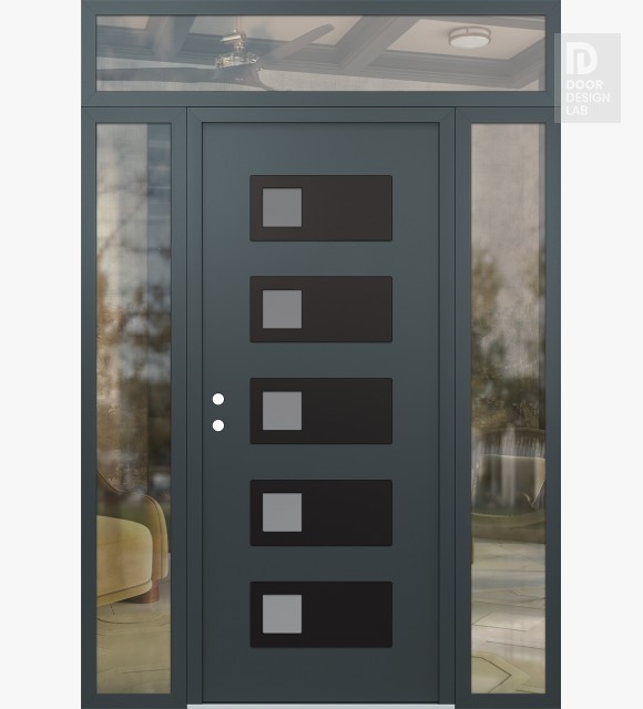 Modern Steel Front Door Diamond D2 68" x 96" anthracite/anthracite frosted Glass Panel black RHI with 2 Sidelites and Transom clear Glass