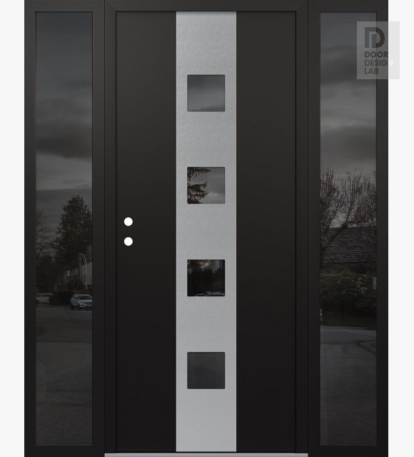 Modern Steel Front Door DIAMOND A12 64" X 80" BLACK/BLACK MIRRORED GLASS PANEL STAINLESS STEEL RHI WITH 2 SIDELITES MIRRORED GLASS