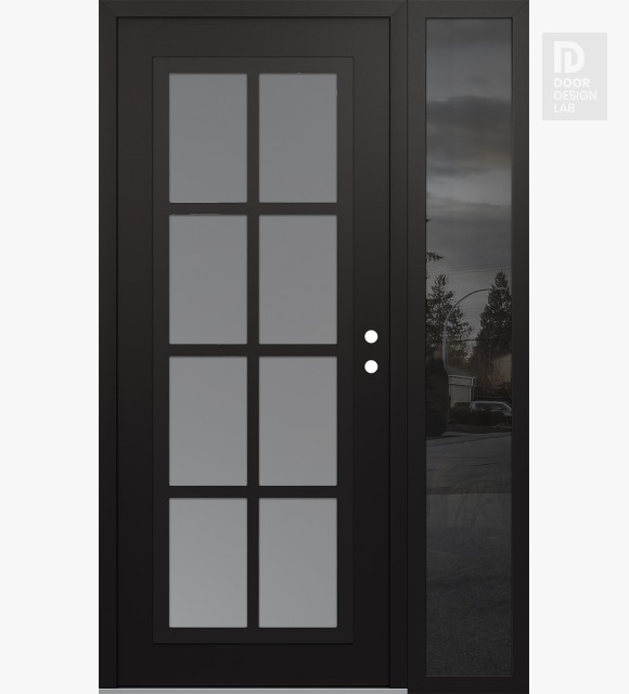 Modern Steel Front Door Diamond C16 52" x 80" black/white frosted Glass Panel black LHI with Sidelite mirrored Glass