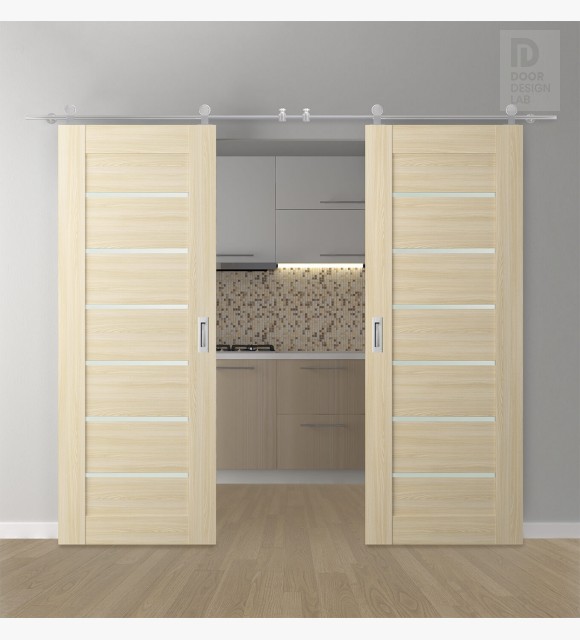 DOUBLE BARN DOOR AVON 07-02 VETRO LOIRE ASH 48" X 84" X 1 3/4" STAINLESS STEEL HARDWARE