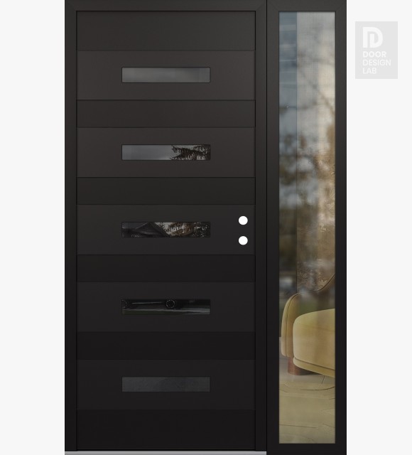 Modern Steel Front Door Diamond D9 52" x 80" black/black mirrored Glass Panel black LHI with Sidelite clear Glass