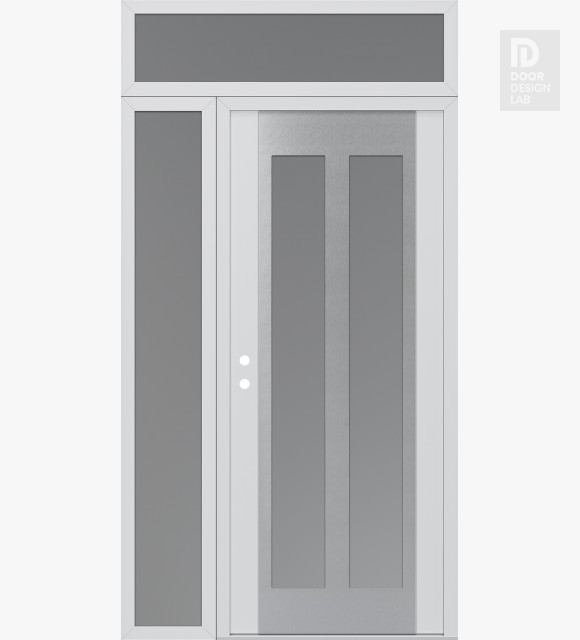 Modern Steel Front Door Diamond C14 48" x 96" white/white frosted Glass Panel stainless steel RHI with Sidelite and Transom frosted Glass