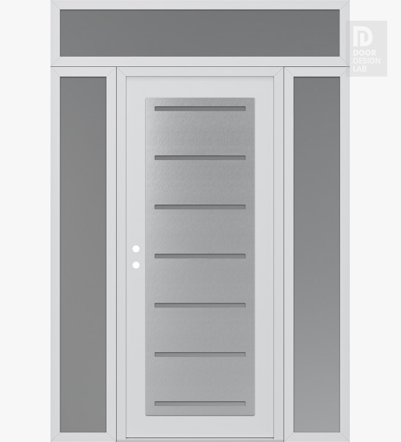 Modern Steel Front Door Diamond C11 60" x 96" white/white frosted Glass Panel stainless steel RHI with 2 Sidelites and Transom frosted Glass