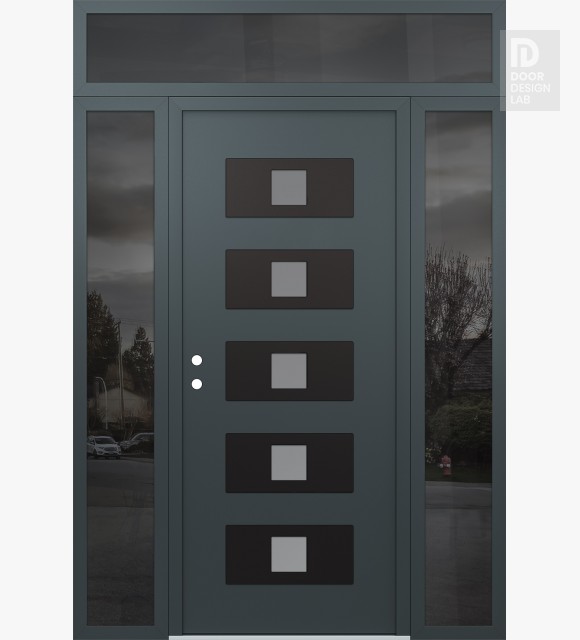 Modern Steel Front Door Diamond D8 68" x 96" anthracite/anthracite frosted Glass Panel black RHI with 2 Sidelites and Transom mirrored Glass