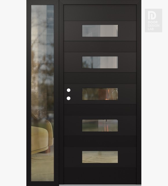 Modern Steel Front Door Diamond D5 52" x 80" black/black clear Glass Panel black RHI with Sidelite clear Glass