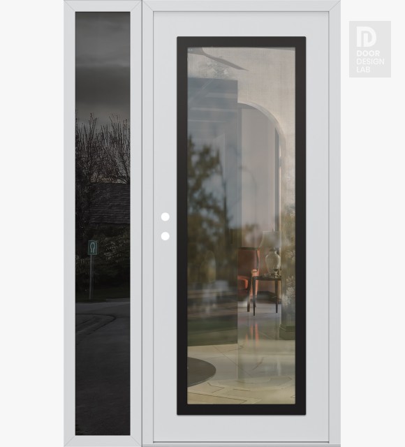Modern Steel Front Door Diamond C1 52" x 80" white/white clear Glass Panel black RHI with Sidelite mirrored Glass