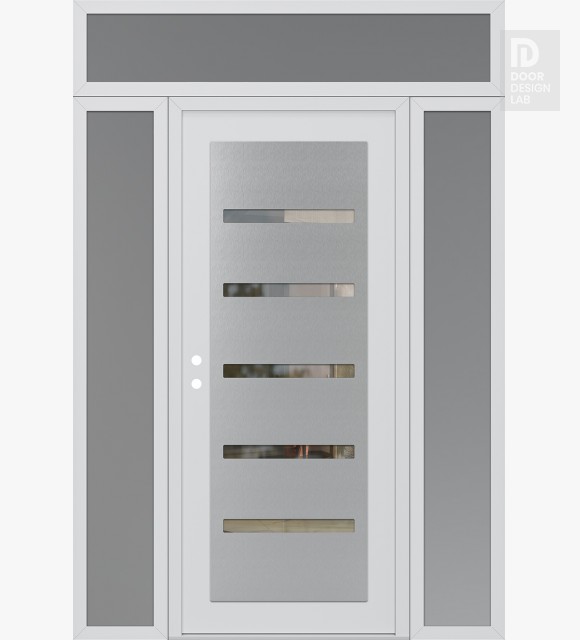 Modern Steel Front Door Diamond C7 60" x 96" white/white clear Glass Panel stainless steel RHI with 2 Sidelites and Transom frosted Glass
