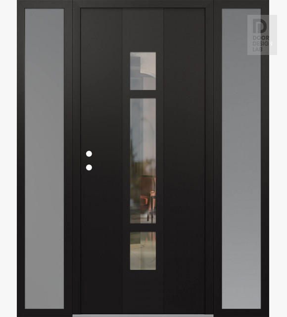 Modern Steel Front Door DIAMOND A9 64" X 80" BLACK/BLACK CLEAR GLASS PANEL BLACK RHI WITH 2 SIDELITES FROSTED GLASS