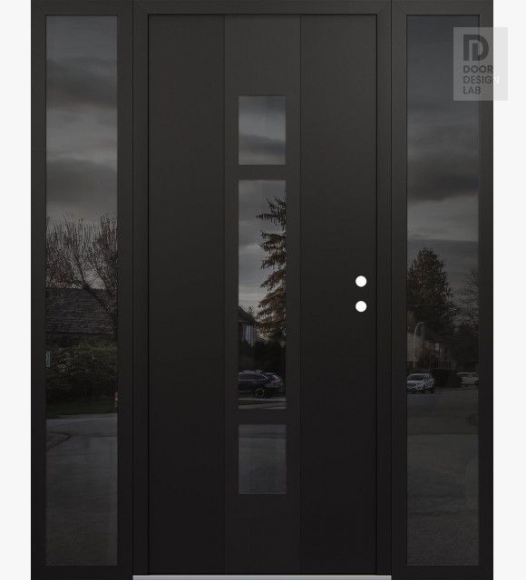 Modern Steel Front Door DIAMOND A9 64" X 80" BLACK/BLACK MIRRORED GLASS PANEL BLACK LHI WITH 2 SIDELITES MIRRORED GLASS