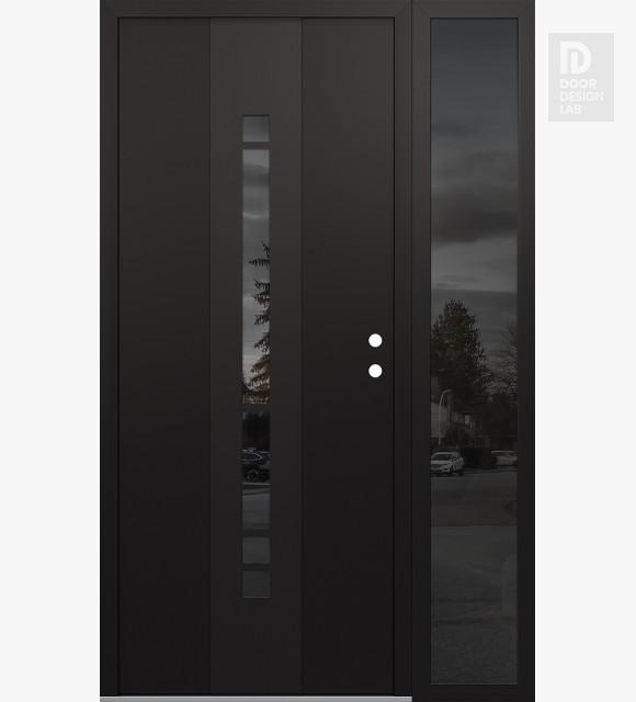 Modern Steel Front Door DIAMOND A3 48" X 80" BLACK/BLACK MIRRORED GLASS PANEL BLACK LHI WITH SIDELITE MIRRORED GLASS