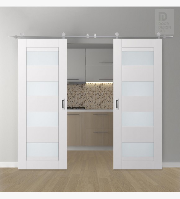 DOUBLE BARN DOOR AVON 07-08 VETRO SNOW WHITE 72" X 84" X 1 3/4" STAINLESS STEEL HARDWARE