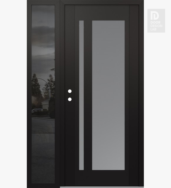 Modern Steel Front Door Diamond C15 50" x 80" black/white frosted Glass Panel black RHI with Sidelite mirrored Glass