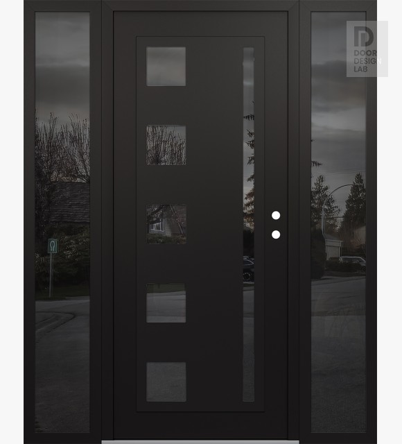 Modern Steel Front Door Diamond C3 64" x 80" black/black mirrored Glass Panel black LHI with 2 Sidelites mirrored Glass