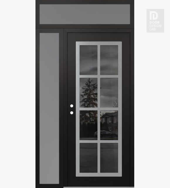 Modern Steel Front Door Diamond C16 50" x 96" black/black mirrored Glass Panel stainless steel RHI with Sidelite and Transom frosted Glass