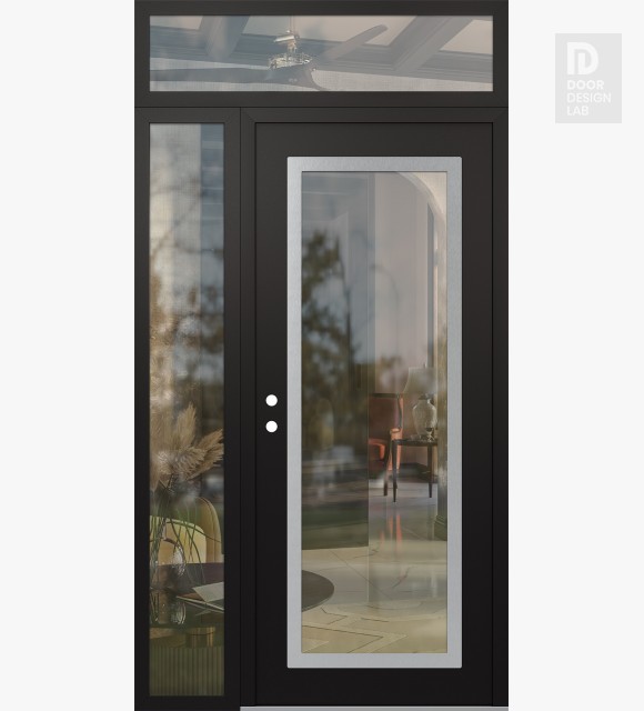 Modern Steel Front Door Diamond C1 50" x 96" black/black clear Glass Panel stainless steel RHI with Sidelite and Transom clear Glass
