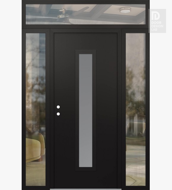 Modern Steel Front Door DIAMOND A11 64" X 96" BLACK/WHITE FROSTED GLASS PANEL BLACK RHI WITH 2 SIDELITES AND TRANSOM CLEAR GLASS