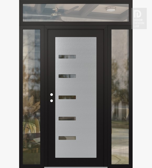Modern Steel Front Door Diamond C8 60" x 96" black/black clear Glass Panel stainless steel RHI with 2 Sidelites and Transom clear Glass