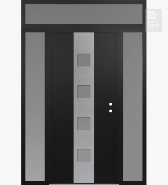 Modern Steel Front Door DIAMOND A12 68" X 96" BLACK/WHITE FROSTED GLASS PANEL STAINLESS STEEL LHI WITH 2 SIDELITES AND TRANSOM FROSTED GLASS